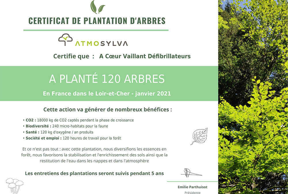 Certificat de 120 arbres plantés en janvier 2021