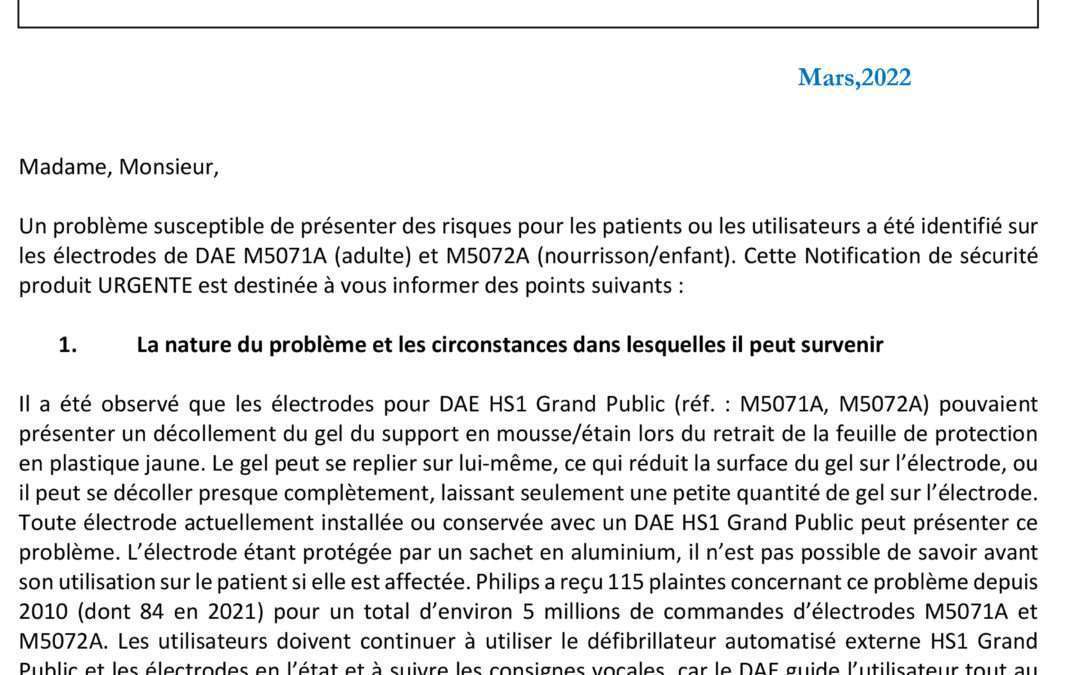 Alerte sécurité Défibrillateur Philips HS1